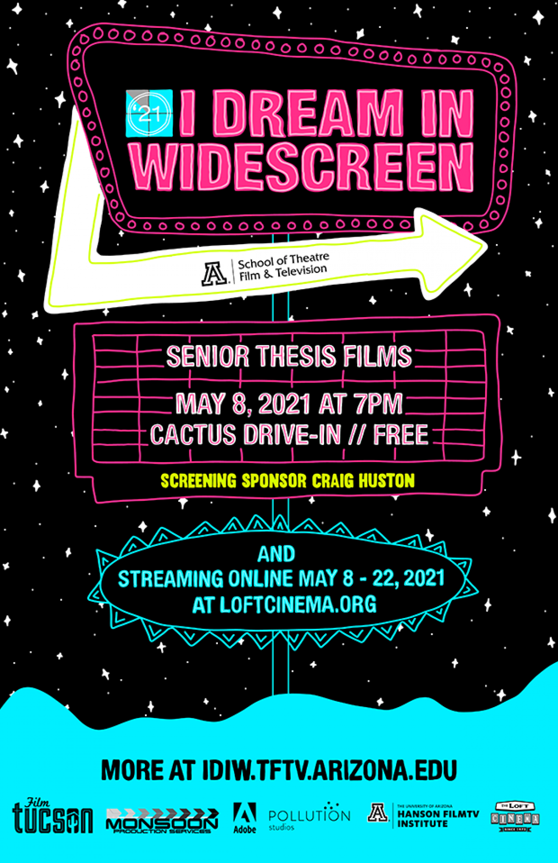 Poster for I Dream in Widescreen 2021 - Neon doodle drawn design, retro road sign with event informa